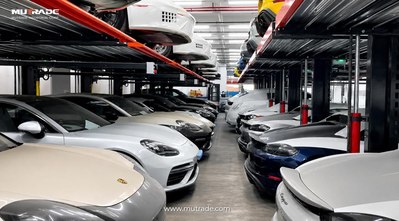 Hydro-Park 1127 two-post parking lifts installed indoors for luxury car dealer in Hong Kong